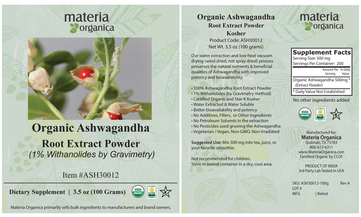 Ashwagandha Root Extract Powder, Organic Item #ASH30012 (3.5 oz / 100 g)