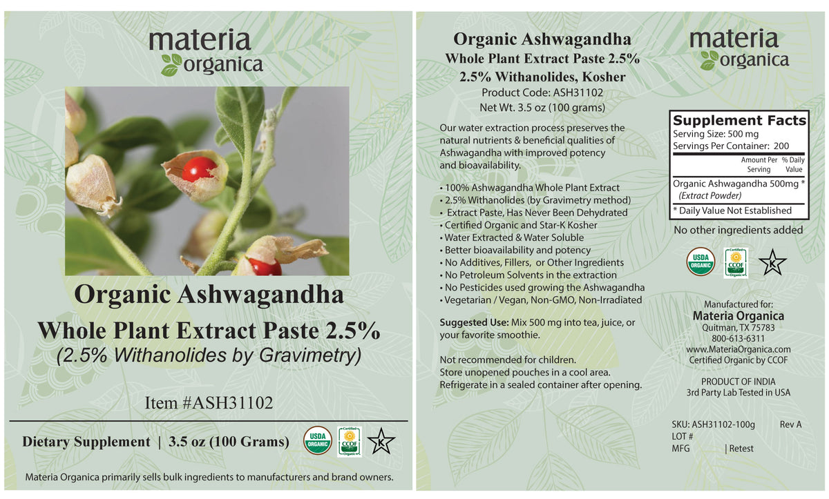 Ashwagandha Whole Plant Extract Paste, 2.5% Withanolides, Organic Item #ASH31102 (3.5 oz / 100 grams)