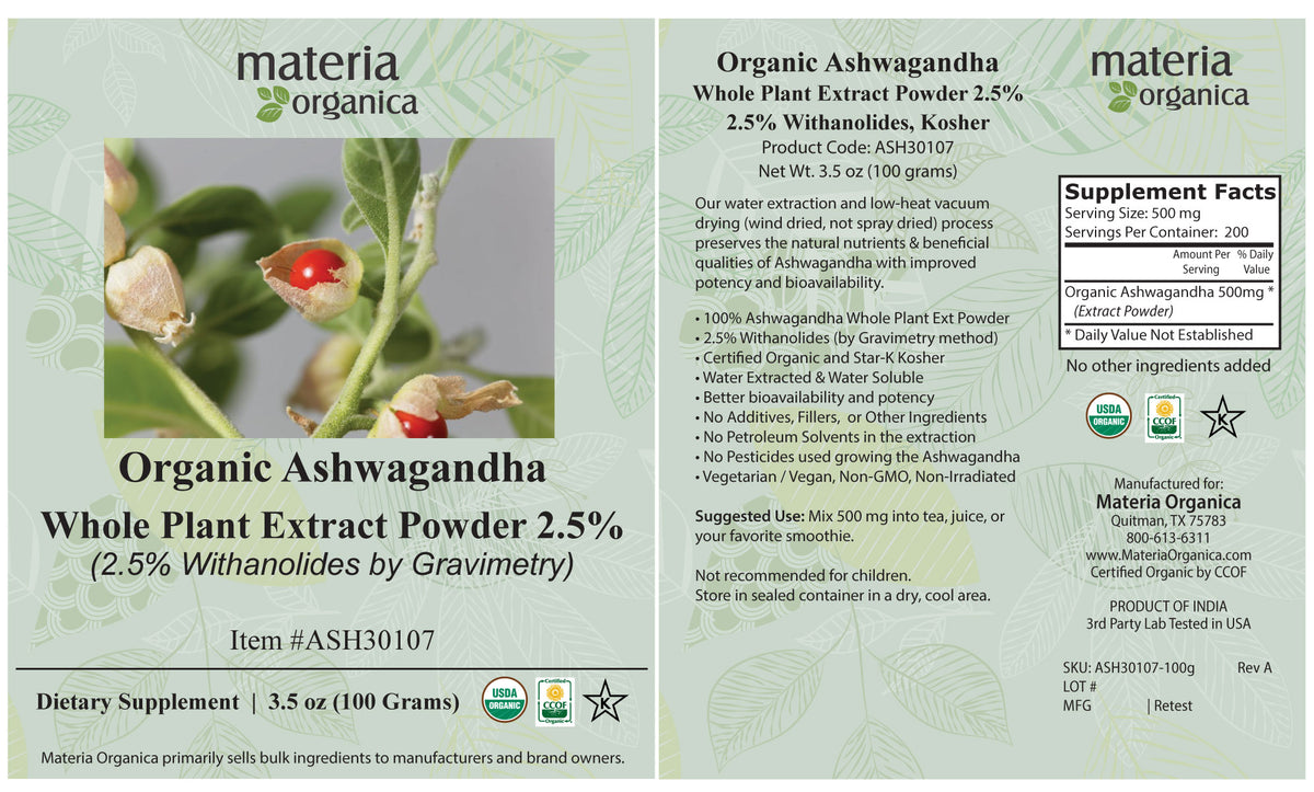 Ashwagandha Whole Plant Extract Powder, 2.5% Withanolides, Organic Item #ASH30107 (3.5 oz / 100 grams)