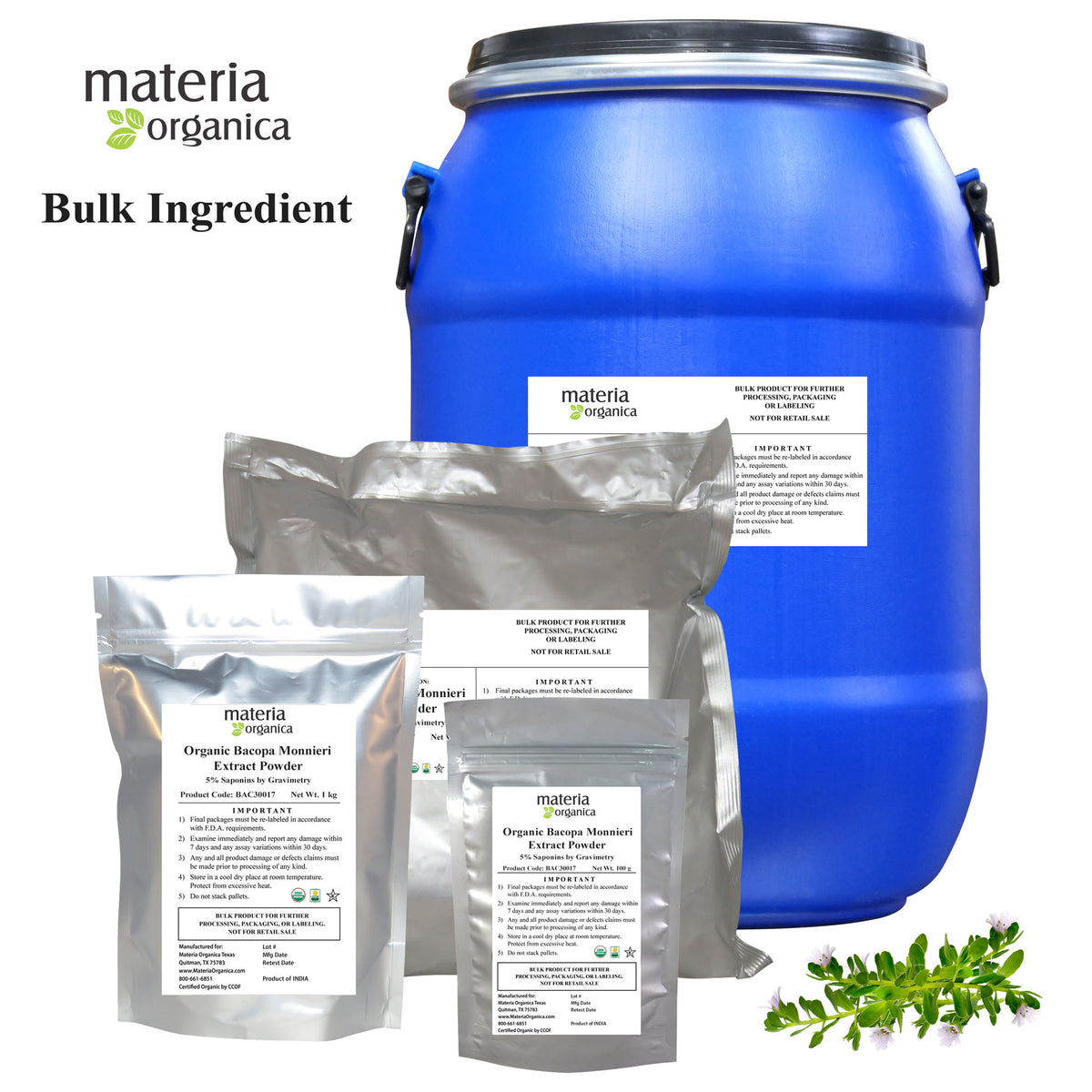 Bacopa Monnieri Extract Powder, 5% Saponins by Gravimetry, Organic Item #BAC30017 (1 kg / 2.2 lb) bulk