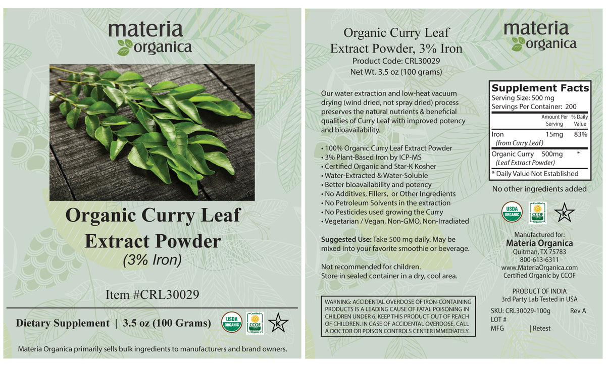 Organic Curry Leaf Extract Powder - 3% Natural Iron (100g)