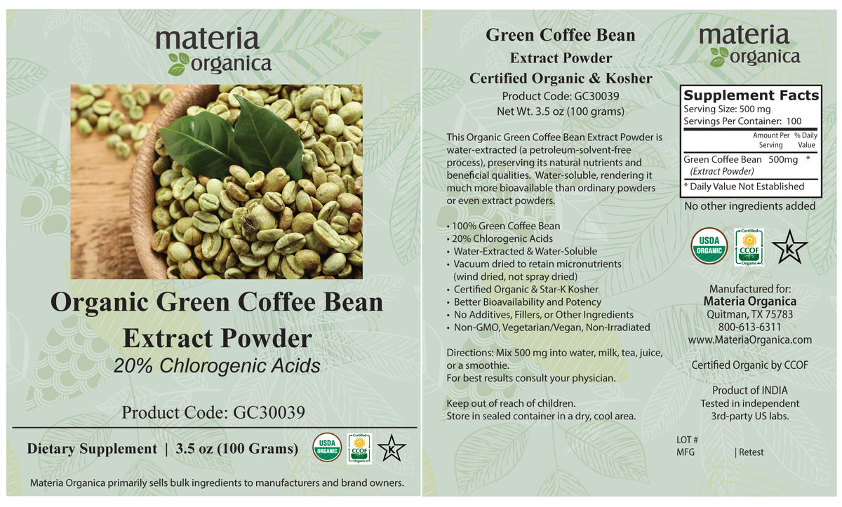 Organic Green Coffee Bean Extract Powder, 20% Chlorogenic Acids (100g)