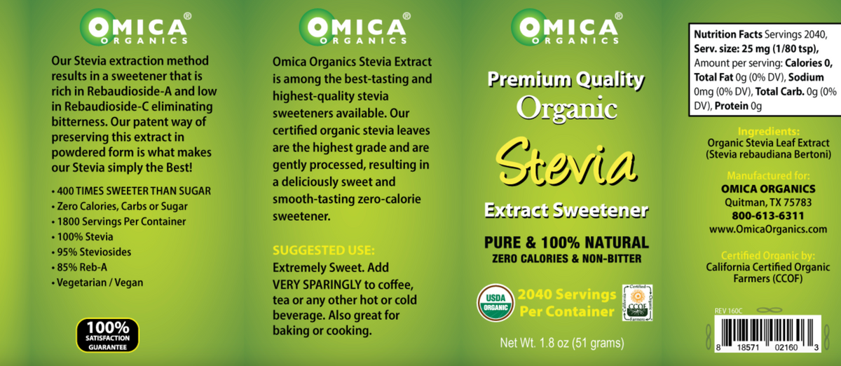 Organic Stevia Extract Powder - Pure Zero-Calorie Sweetener (1.8 oz)